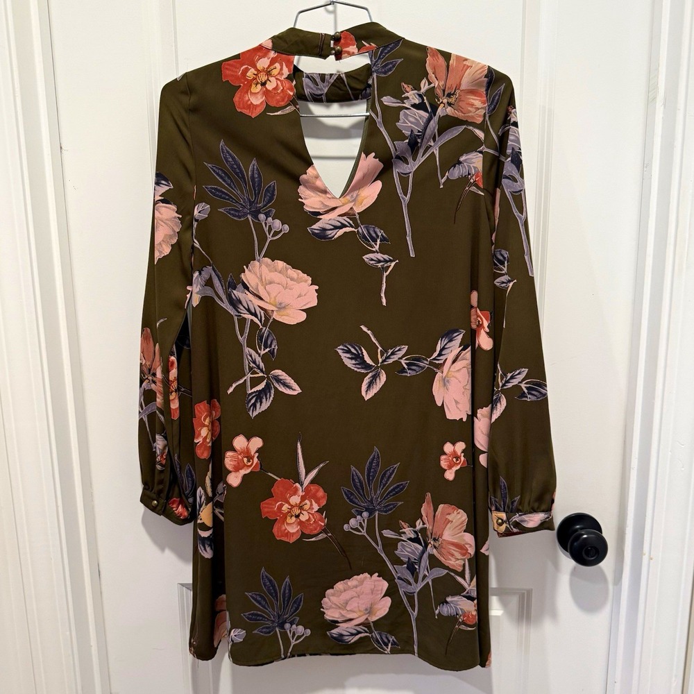 How Very Loved Dress Womens M Olive Floral Choker Keyhole Shift Made USA